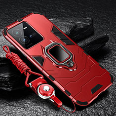 Silikon Hülle Handyhülle und Kunststoff Schutzhülle Tasche mit Magnetisch Fingerring Ständer R01 für Vivo X80 Lite 5G Rot