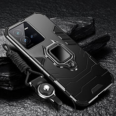 Silikon Hülle Handyhülle und Kunststoff Schutzhülle Tasche mit Magnetisch Fingerring Ständer R01 für Vivo X80 Lite 5G Schwarz