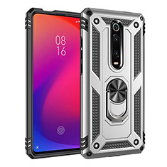 Silikon Hülle Handyhülle und Kunststoff Schutzhülle Tasche mit Magnetisch Fingerring Ständer R02 für Xiaomi Mi 9T Pro Silber