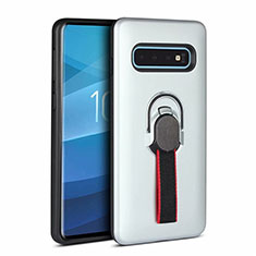 Silikon Hülle Handyhülle und Kunststoff Schutzhülle Tasche mit Magnetisch Fingerring Ständer R03 für Samsung Galaxy S10 5G Weiß