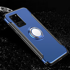 Silikon Hülle Handyhülle und Kunststoff Schutzhülle Tasche mit Magnetisch Fingerring Ständer R03 für Samsung Galaxy S20 Ultra 5G Blau