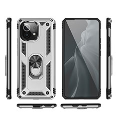 Silikon Hülle Handyhülle und Kunststoff Schutzhülle Tasche mit Magnetisch Fingerring Ständer R03 für Xiaomi Mi 11 5G Silber