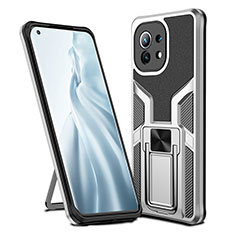 Silikon Hülle Handyhülle und Kunststoff Schutzhülle Tasche mit Magnetisch Fingerring Ständer R04 für Xiaomi Mi 11 5G Silber