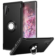 Silikon Hülle Handyhülle und Kunststoff Schutzhülle Tasche mit Magnetisch Fingerring Ständer S01 für Samsung Galaxy Note 10 Plus 5G Schwarz