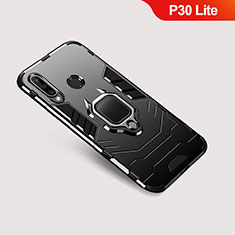 Silikon Hülle Handyhülle und Kunststoff Schutzhülle Tasche mit Ständer für Huawei P30 Lite Schwarz