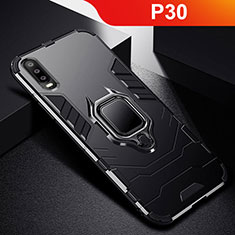 Silikon Hülle Handyhülle und Kunststoff Schutzhülle Tasche mit Ständer für Huawei P30 Schwarz