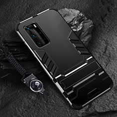 Silikon Hülle Handyhülle und Kunststoff Schutzhülle Tasche mit Ständer für Huawei P40 Pro Schwarz
