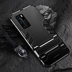 Silikon Hülle Handyhülle und Kunststoff Schutzhülle Tasche mit Ständer für Huawei P40 Schwarz