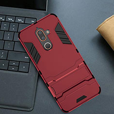 Silikon Hülle Handyhülle und Kunststoff Schutzhülle Tasche mit Ständer für Nokia 7 Plus Rot