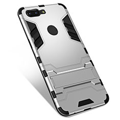 Silikon Hülle Handyhülle und Kunststoff Schutzhülle Tasche mit Ständer für OnePlus 5T A5010 Silber