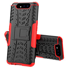Silikon Hülle Handyhülle und Kunststoff Schutzhülle Tasche mit Ständer für Samsung Galaxy A80 Rot
