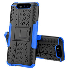 Silikon Hülle Handyhülle und Kunststoff Schutzhülle Tasche mit Ständer für Samsung Galaxy A90 4G Blau