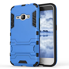 Silikon Hülle Handyhülle und Kunststoff Schutzhülle Tasche mit Ständer für Samsung Galaxy J1 (2016) J120F Blau