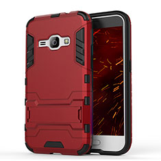 Silikon Hülle Handyhülle und Kunststoff Schutzhülle Tasche mit Ständer für Samsung Galaxy J1 (2016) J120F Rot