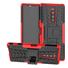 Silikon Hülle Handyhülle und Kunststoff Schutzhülle Tasche mit Ständer für Sony Xperia 1 Rot