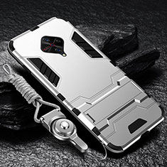 Silikon Hülle Handyhülle und Kunststoff Schutzhülle Tasche mit Ständer für Vivo X50 Lite Silber