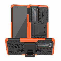 Silikon Hülle Handyhülle und Kunststoff Schutzhülle Tasche mit Ständer R01 für Huawei P40 Pro Orange