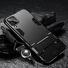 Silikon Hülle Handyhülle und Kunststoff Schutzhülle Tasche mit Ständer R01 für Samsung Galaxy A12 Schwarz