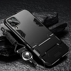 Silikon Hülle Handyhülle und Kunststoff Schutzhülle Tasche mit Ständer R01 für Samsung Galaxy A42 5G Schwarz