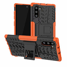 Silikon Hülle Handyhülle und Kunststoff Schutzhülle Tasche mit Ständer R01 für Samsung Galaxy Note 10 5G Orange