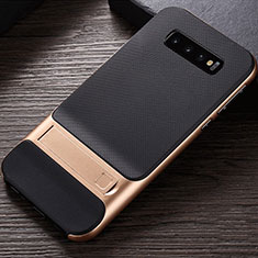 Silikon Hülle Handyhülle und Kunststoff Schutzhülle Tasche mit Ständer R01 für Samsung Galaxy S10 Gold