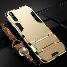 Silikon Hülle Handyhülle und Kunststoff Schutzhülle Tasche mit Ständer R02 für Samsung Galaxy A70 Gold