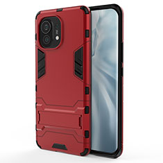 Silikon Hülle Handyhülle und Kunststoff Schutzhülle Tasche mit Ständer R02 für Xiaomi Mi 11 Lite 5G Rot