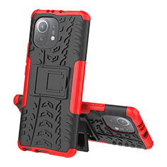Silikon Hülle Handyhülle und Kunststoff Schutzhülle Tasche mit Ständer R07 für Xiaomi Mi 11 5G Rot