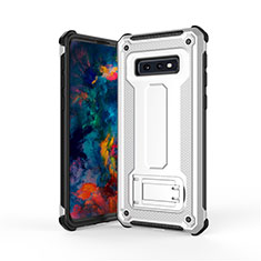 Silikon Hülle Handyhülle und Kunststoff Schutzhülle Tasche mit Ständer T01 für Samsung Galaxy S10e Silber