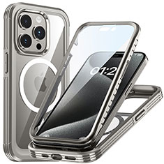 Silikon Schutzhülle Rahmen Tasche Hülle Durchsichtig Transparent 360 Grad Ganzkörper mit Mag-Safe Magnetic Magnetisch T01 für Apple iPhone 15 Pro Grau