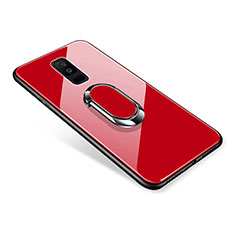 Silikon Schutzhülle Rahmen Tasche Hülle Spiegel mit Fingerring Ständer für Samsung Galaxy A6 Plus (2018) Rot