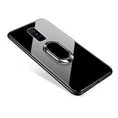 Silikon Schutzhülle Rahmen Tasche Hülle Spiegel mit Fingerring Ständer für Samsung Galaxy A6 Plus Schwarz