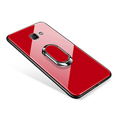 Silikon Schutzhülle Rahmen Tasche Hülle Spiegel mit Fingerring Ständer für Samsung Galaxy J7 Prime Rot