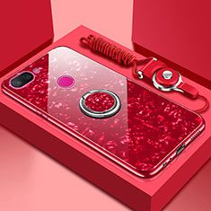 Silikon Schutzhülle Rahmen Tasche Hülle Spiegel mit Magnetisch Fingerring Ständer A01 für Xiaomi Mi 8 Lite Rot