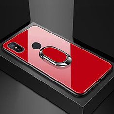 Silikon Schutzhülle Rahmen Tasche Hülle Spiegel mit Magnetisch Fingerring Ständer A01 für Xiaomi Redmi 6 Pro Rot