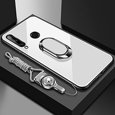 Silikon Schutzhülle Rahmen Tasche Hülle Spiegel mit Magnetisch Fingerring Ständer für Huawei Enjoy 10 Plus Weiß