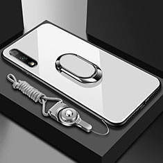 Silikon Schutzhülle Rahmen Tasche Hülle Spiegel mit Magnetisch Fingerring Ständer für Huawei Enjoy 10 Weiß