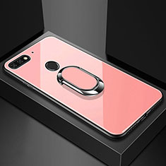 Silikon Schutzhülle Rahmen Tasche Hülle Spiegel mit Magnetisch Fingerring Ständer für Huawei Enjoy 8e Rosegold