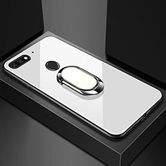 Silikon Schutzhülle Rahmen Tasche Hülle Spiegel mit Magnetisch Fingerring Ständer für Huawei Enjoy 8e Weiß