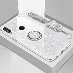 Silikon Schutzhülle Rahmen Tasche Hülle Spiegel mit Magnetisch Fingerring Ständer für Huawei Enjoy 9 Plus Weiß