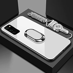 Silikon Schutzhülle Rahmen Tasche Hülle Spiegel mit Magnetisch Fingerring Ständer für Huawei Honor V30 5G Weiß