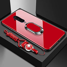 Silikon Schutzhülle Rahmen Tasche Hülle Spiegel mit Magnetisch Fingerring Ständer für OnePlus 7T Pro 5G Rot