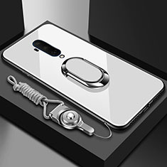 Silikon Schutzhülle Rahmen Tasche Hülle Spiegel mit Magnetisch Fingerring Ständer für OnePlus 7T Pro Weiß