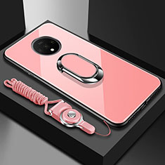 Silikon Schutzhülle Rahmen Tasche Hülle Spiegel mit Magnetisch Fingerring Ständer für OnePlus 7T Rosegold