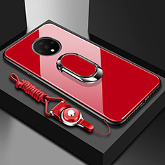 Silikon Schutzhülle Rahmen Tasche Hülle Spiegel mit Magnetisch Fingerring Ständer für OnePlus 7T Rot