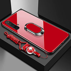 Silikon Schutzhülle Rahmen Tasche Hülle Spiegel mit Magnetisch Fingerring Ständer für Realme X50 5G Rot