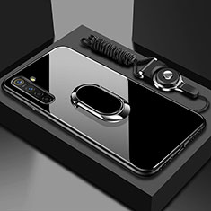 Silikon Schutzhülle Rahmen Tasche Hülle Spiegel mit Magnetisch Fingerring Ständer für Realme XT Schwarz