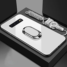 Silikon Schutzhülle Rahmen Tasche Hülle Spiegel mit Magnetisch Fingerring Ständer für Samsung Galaxy S10 5G Weiß
