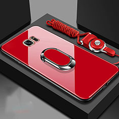 Silikon Schutzhülle Rahmen Tasche Hülle Spiegel mit Magnetisch Fingerring Ständer für Samsung Galaxy S7 Edge G935F Rot