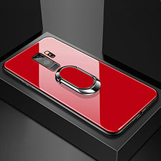 Silikon Schutzhülle Rahmen Tasche Hülle Spiegel mit Magnetisch Fingerring Ständer für Samsung Galaxy S9 Plus Rot